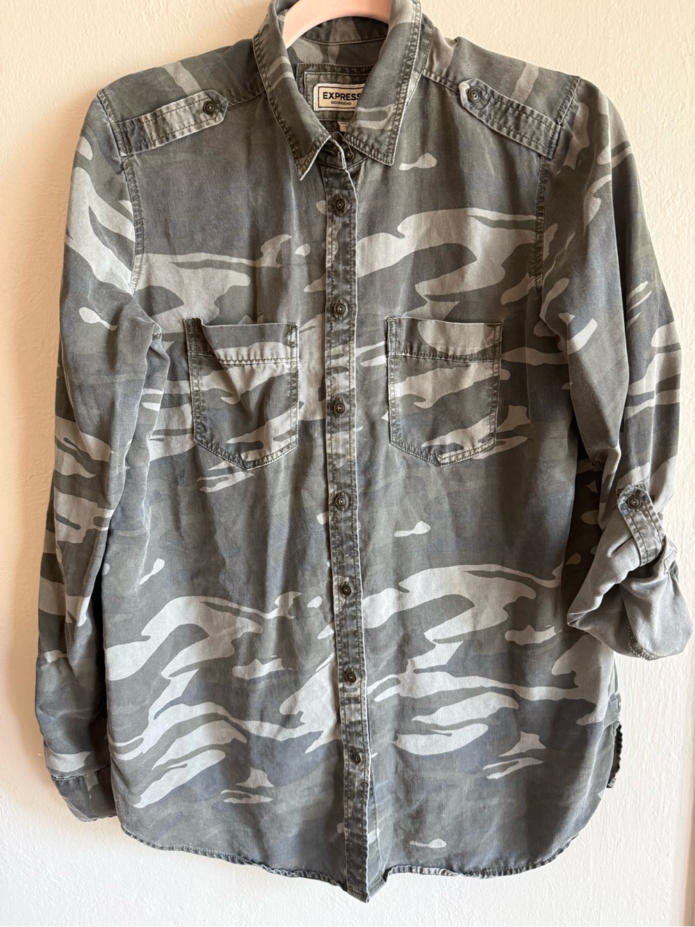Express Camo Button Down Shirt Grey Camouflage Utility Jacket Boyfriend Sz S/P